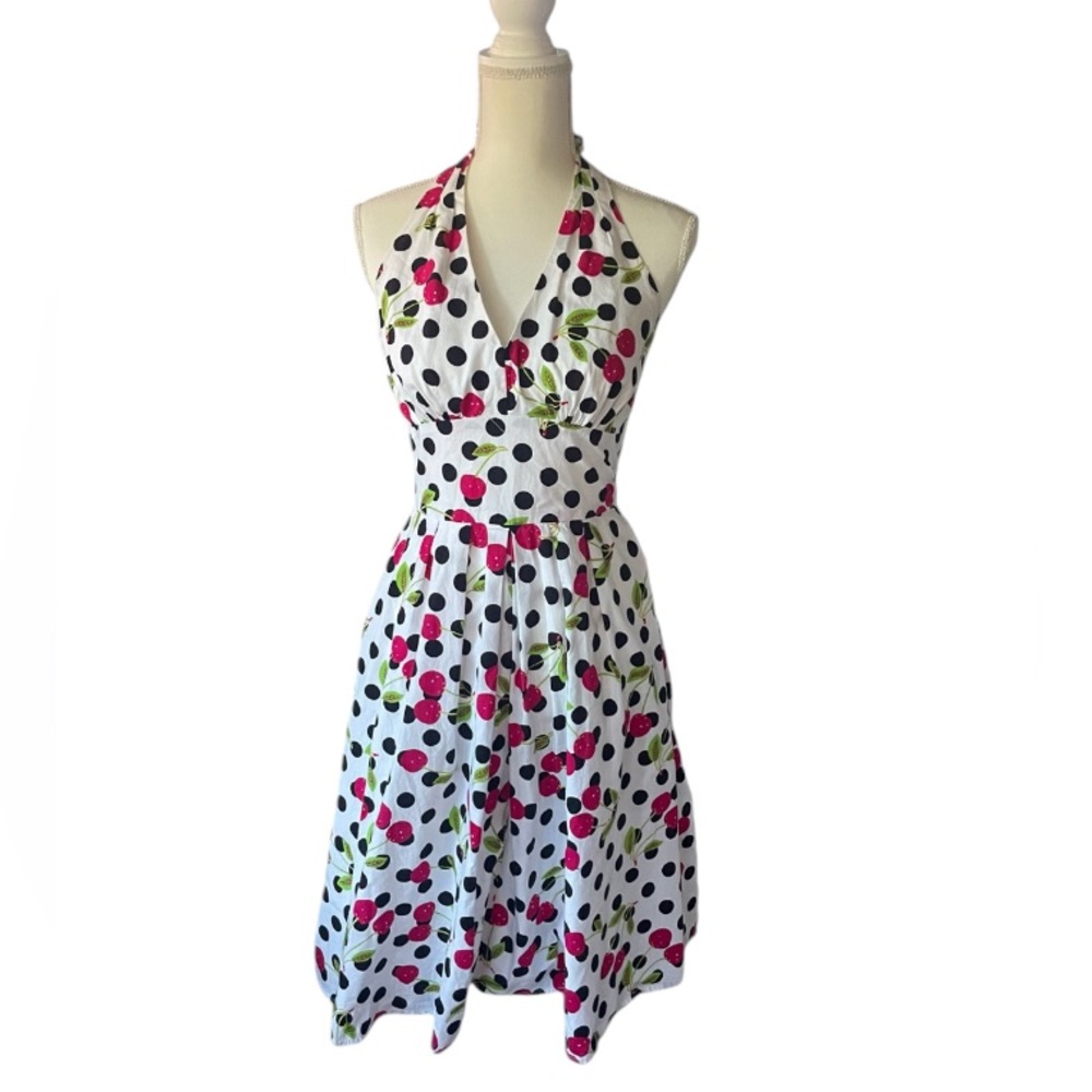 Tatyana Bettie Page Polka Dot and Cherry Halter Pin Up Girl Dress Size S